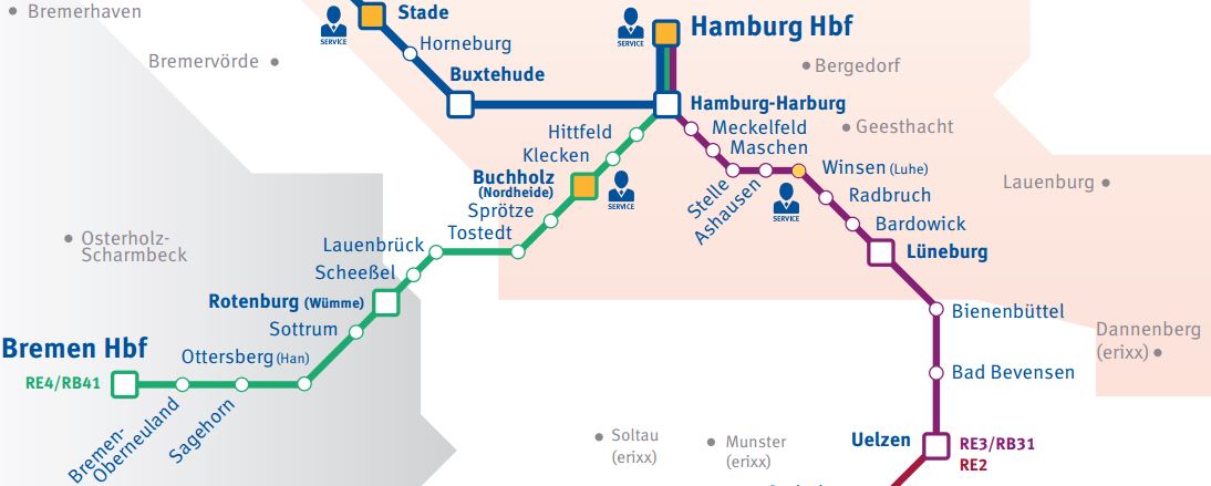 Karte mit dem Streckennetz der Bahnlinie des metronoms
