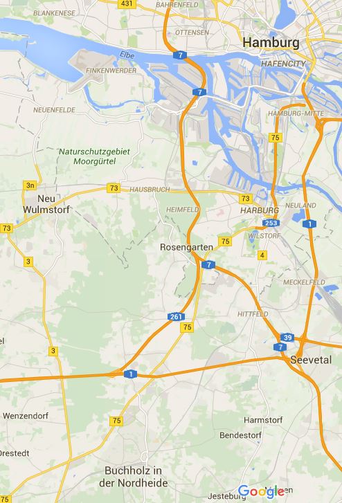 Kartenausschnitt der südlichen Metropolregion Hamburgs mit der Region Rosengarten