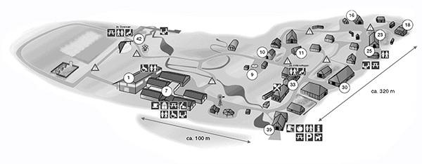 Lageplan mit den einzelnen Gebäuden und Nummerierungen für weitere Informationen