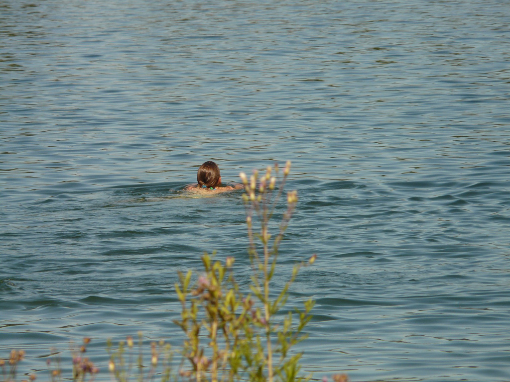 Frau schwimmt im See